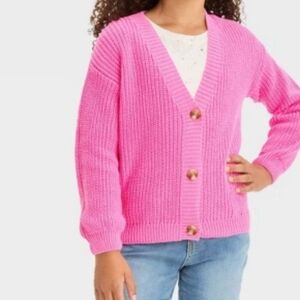 Cat & Jack Big Girl's Button Front V-Neck Knit Cardigan Sweater Bright Pink XL